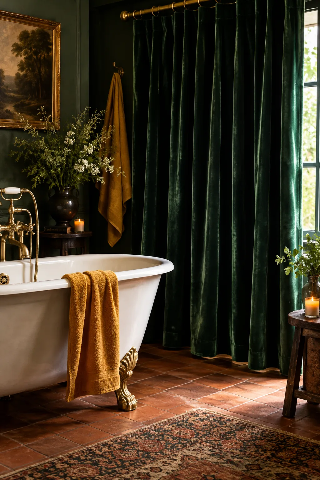 Deep green heavy velvet curtains over a bathroom window