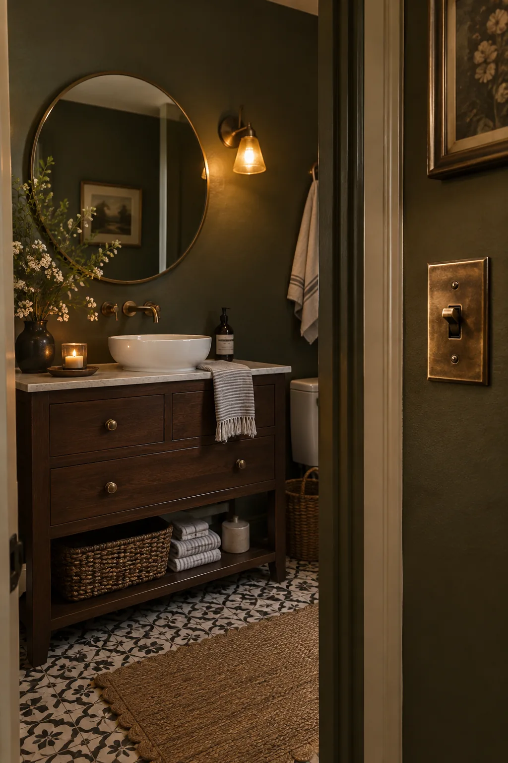 Aged bronze light switch plate on a dark painted wall