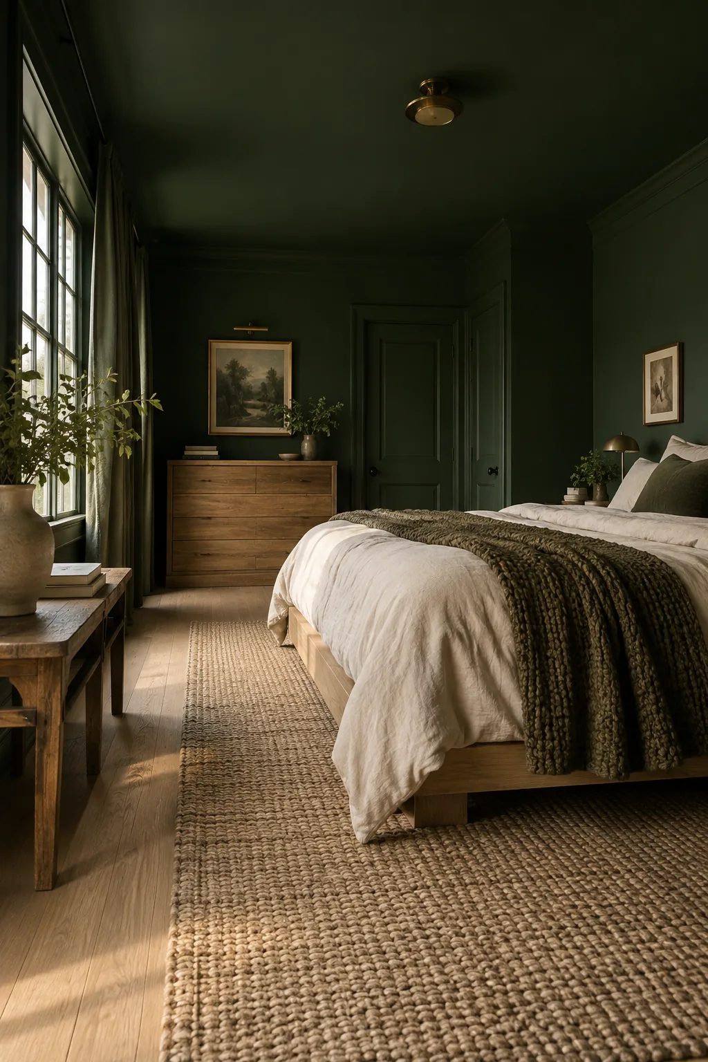 Bedroom with walls, trim, and ceiling all painted in a matching dark forest green