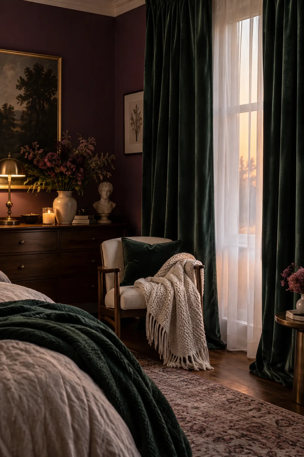 Thick emerald green velvet curtains hanging over sheer white window panels
