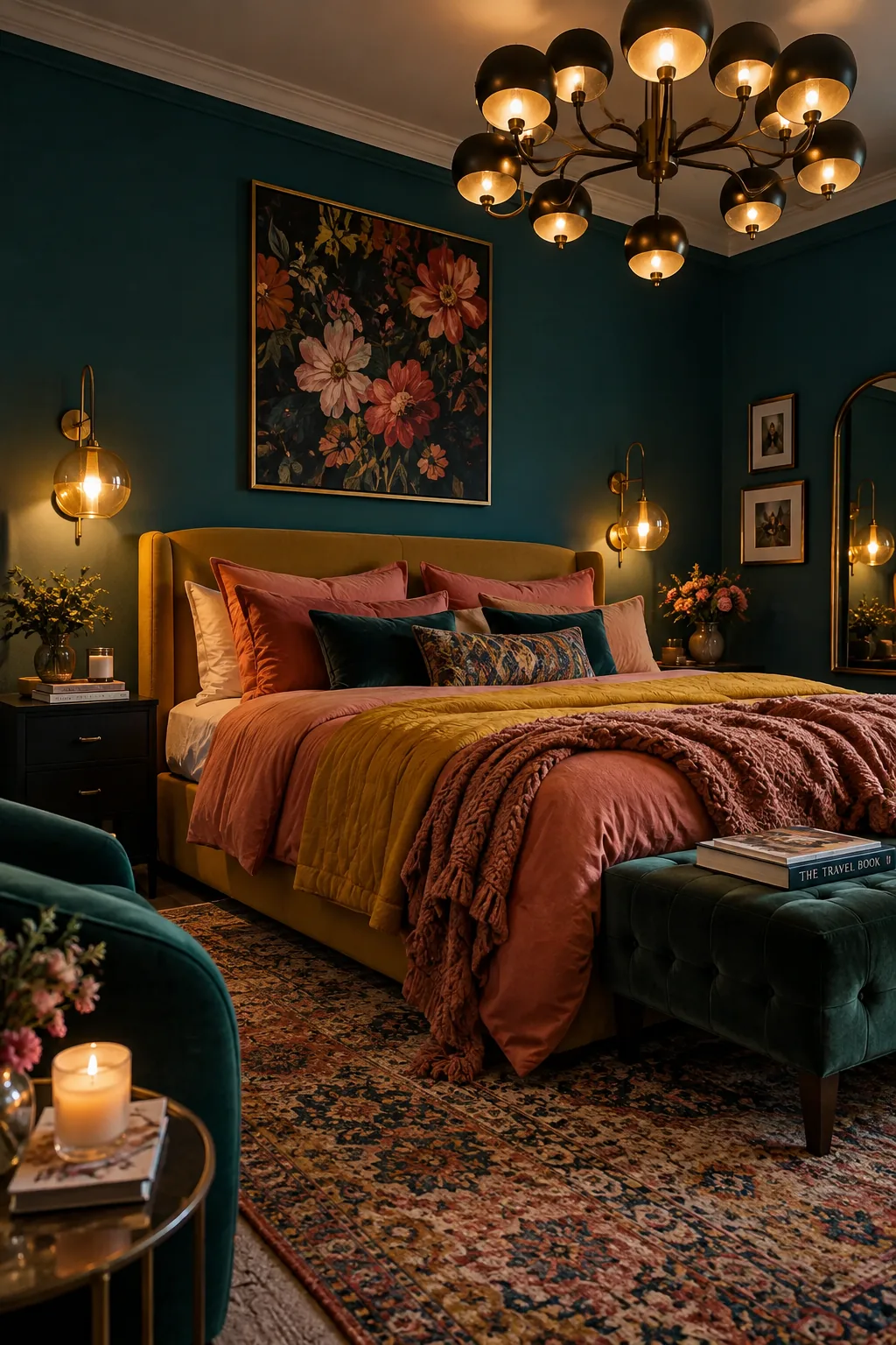 Dark bedroom featuring a modern brass chandelier and matching bedside sconces emitting a warm glow
