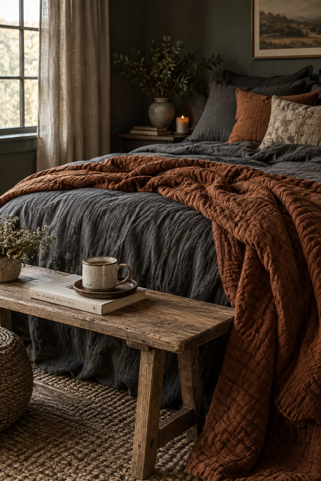 Bed styled with unironed charcoal linen sheets and a rust-colored heavy quilt