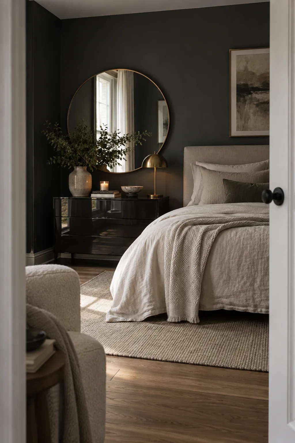 Matte black bedroom wall contrasting with a high-gloss black nightstand and a gold mirror