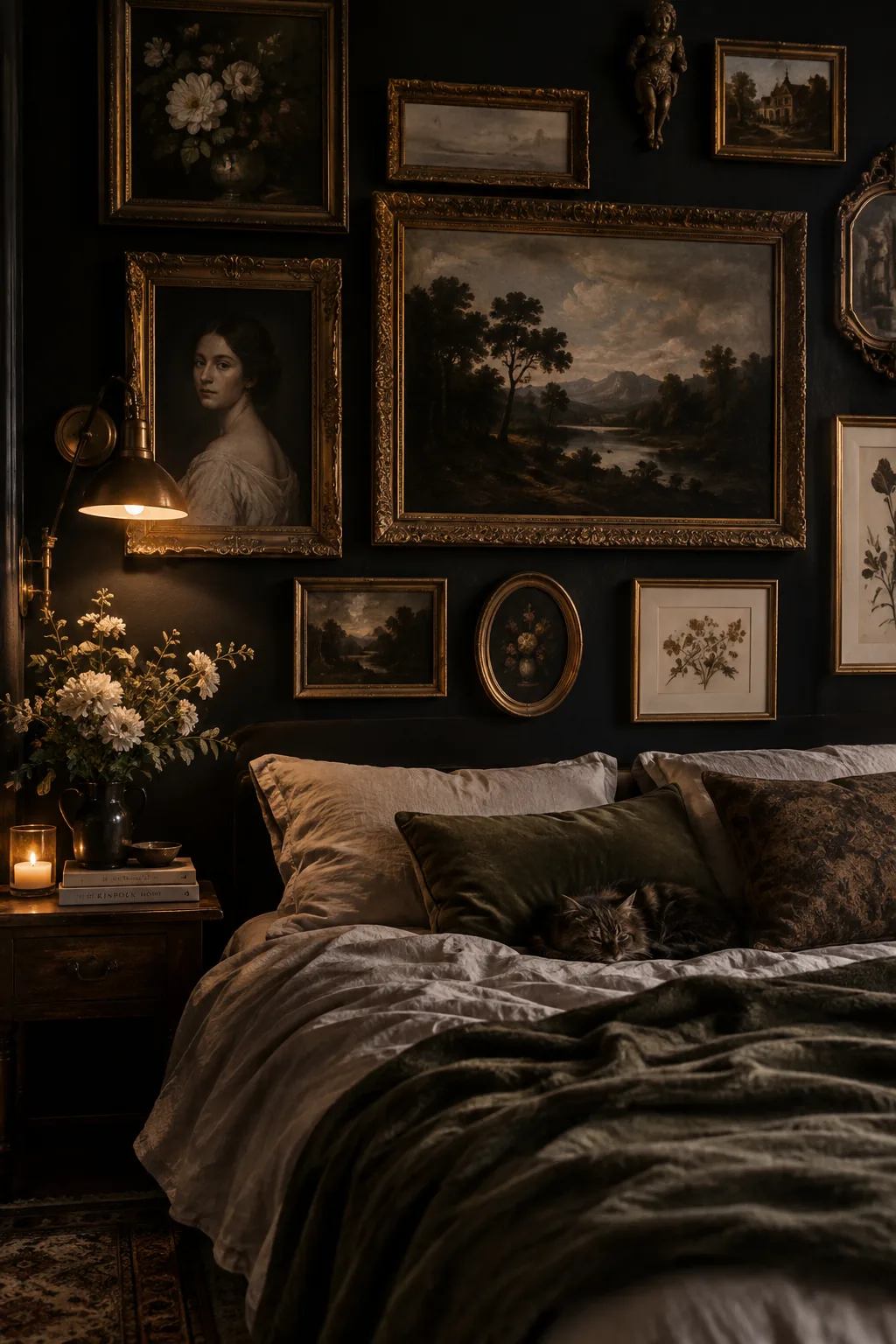 Gallery wall of vintage landscape paintings in ornate gold frames on a black wall