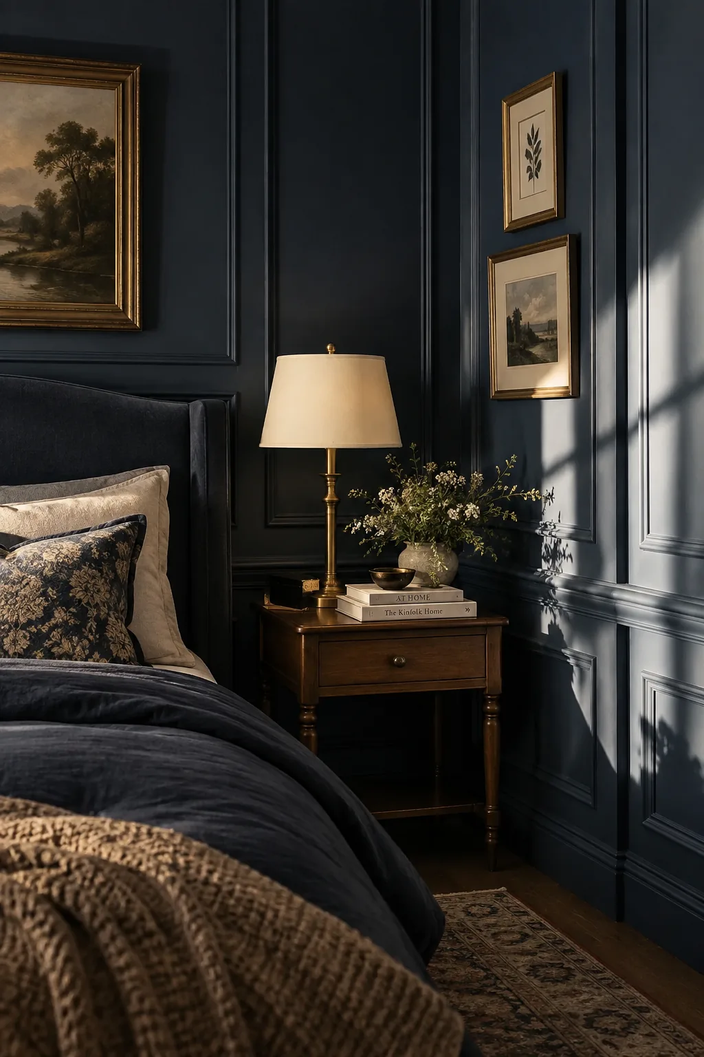 Dark navy bedroom walls featuring elegant picture molding and tall wainscoting