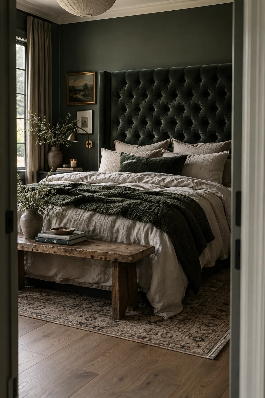 Large tufted charcoal velvet headboard set against a dark bedroom wall