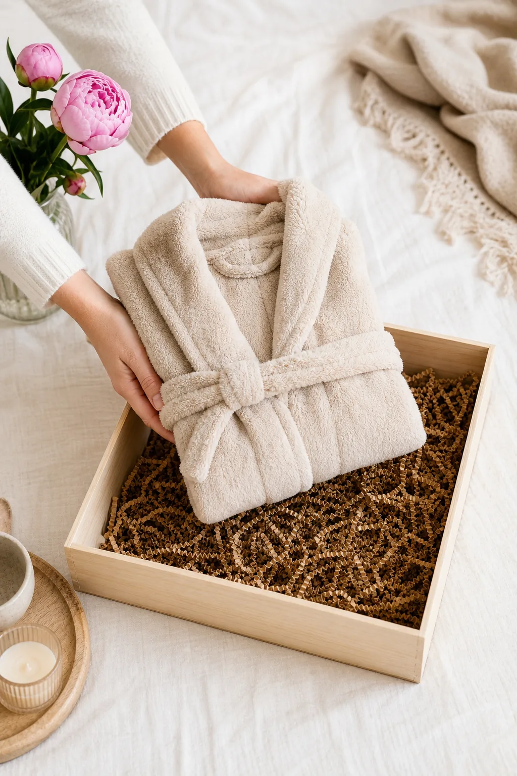 A folded beige plush robe being placed into a wooden gift box lined with kraft crinkle paper.