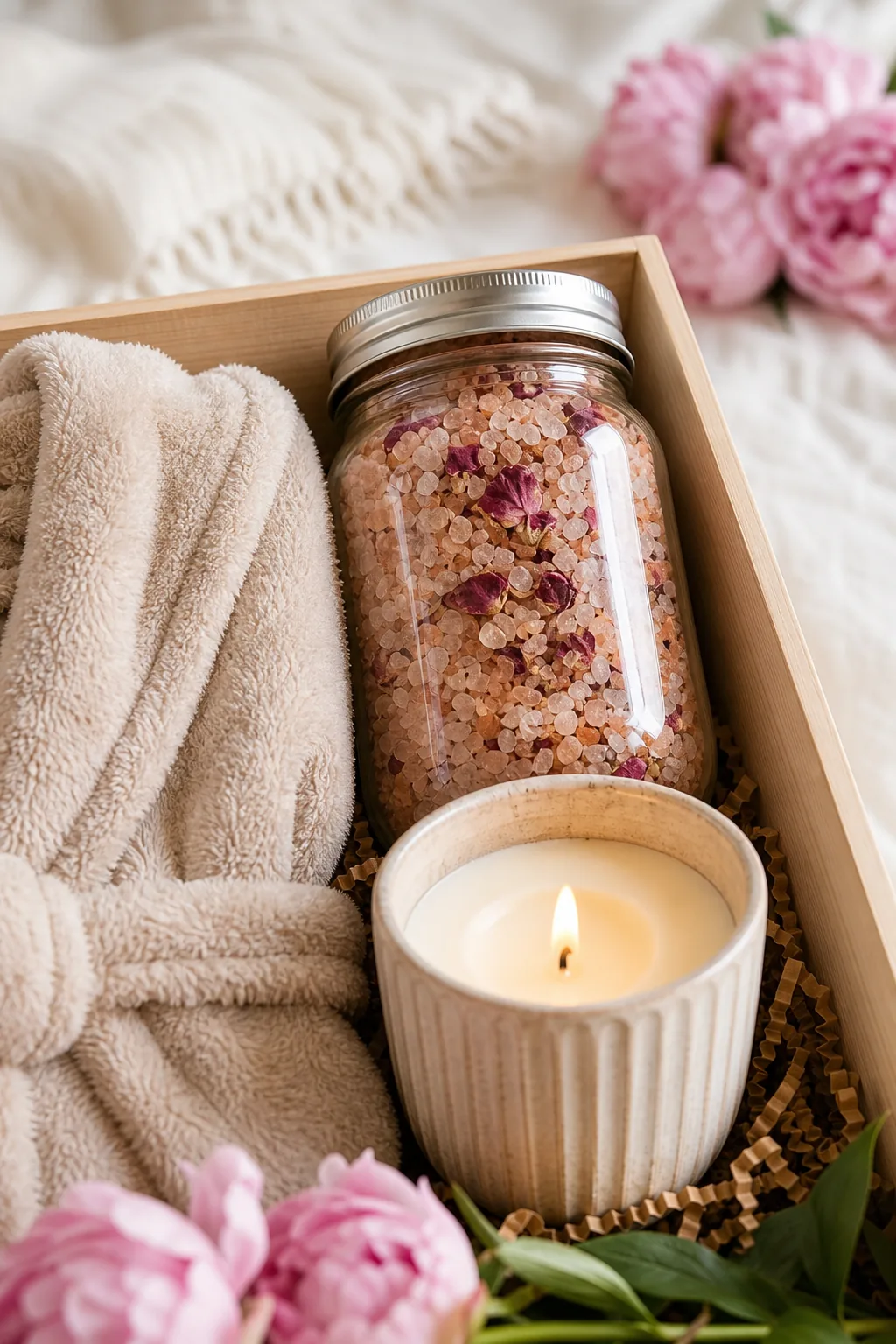 A glass jar of layered pink bath salts and dried rose petals tucked next to a plush robe.