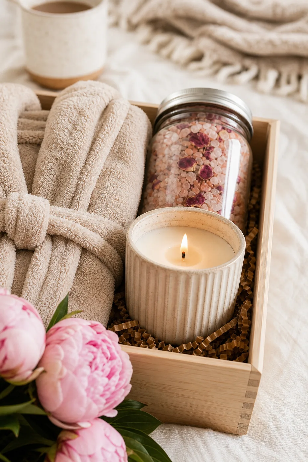 A ribbed ceramic candle sitting in kraft crinkle paper inside a wooden gift box.