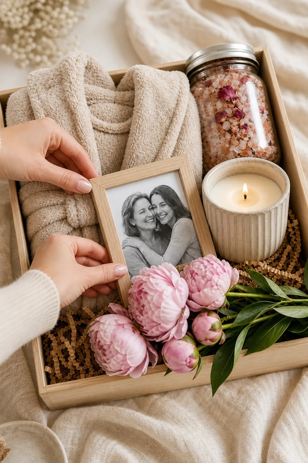 Hands placing a small framed black-and-white photo between a robe and a candle in a gift box.