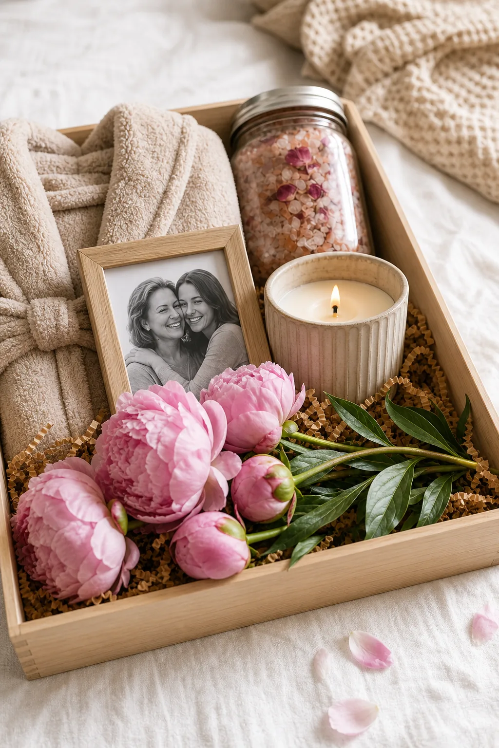 Fresh pink peonies resting across the bottom edge of a curated gift box.