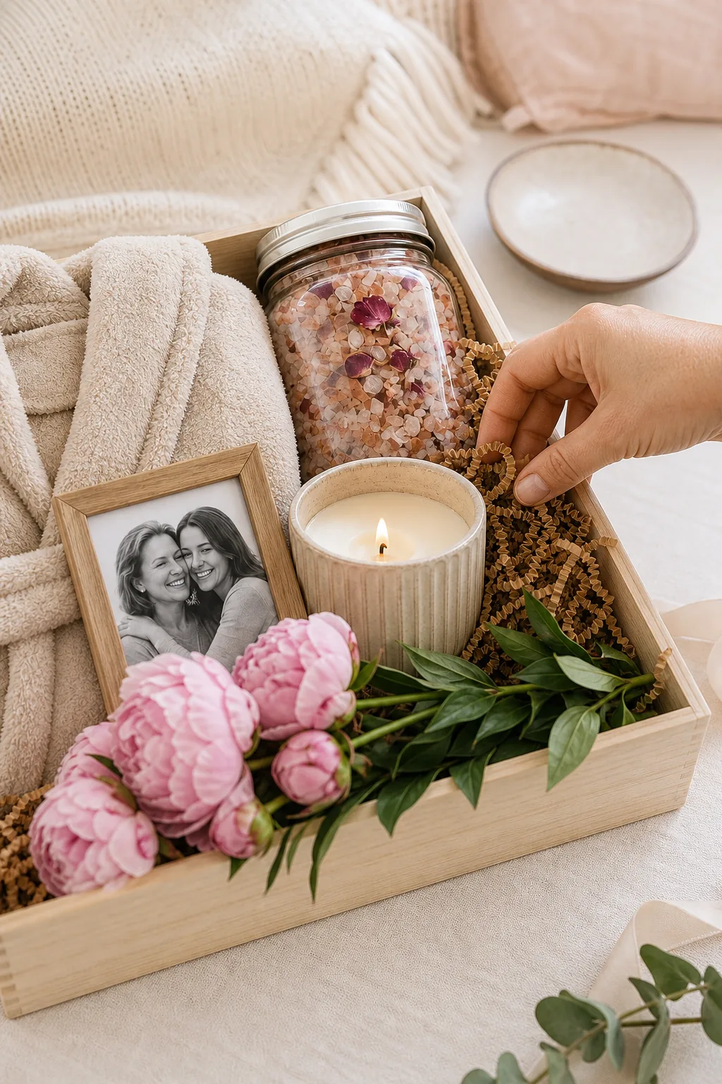 A hand packing extra kraft crinkle paper around a glass jar inside a wooden box.