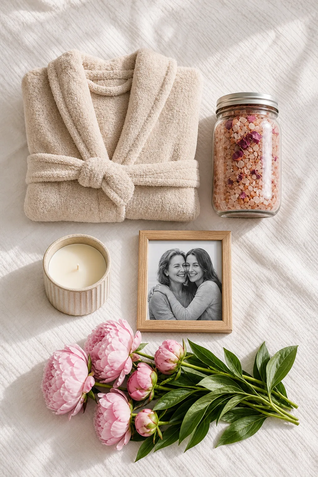 A plush robe, bath salts, candle, frame, and peonies laid out neatly on a white bedspread.