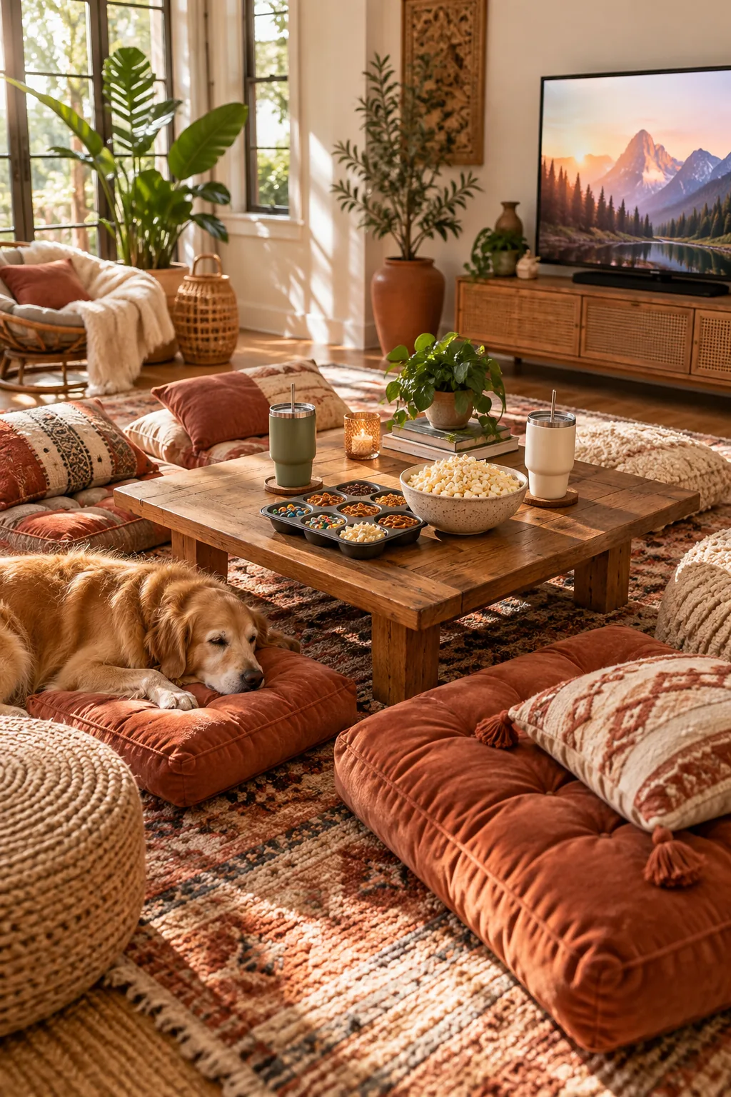 Terracotta floor cushions arranged around a low wooden table.