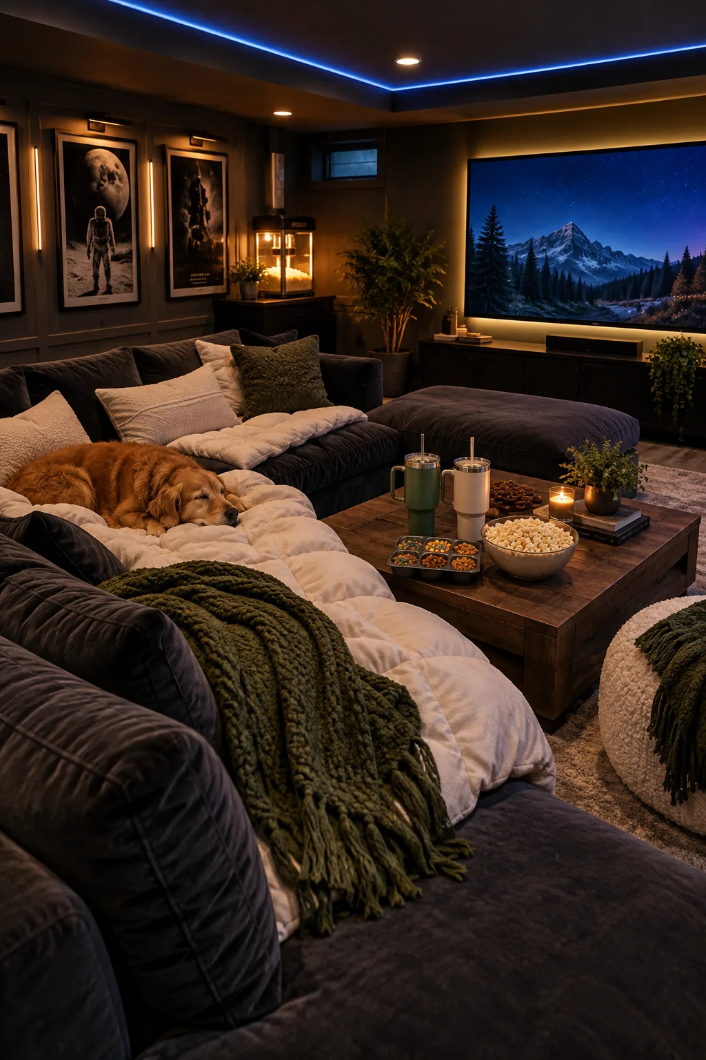 Dark charcoal velvet sectional sofa in a moody basement.