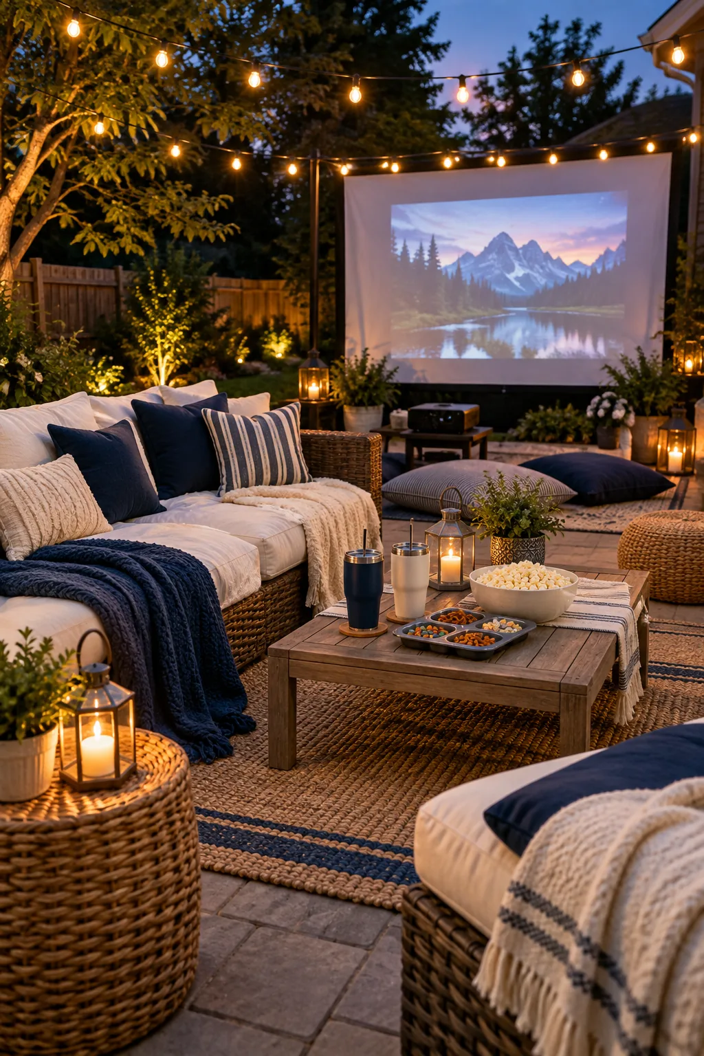 Outdoor patio furniture draped with blankets under warm string lights.