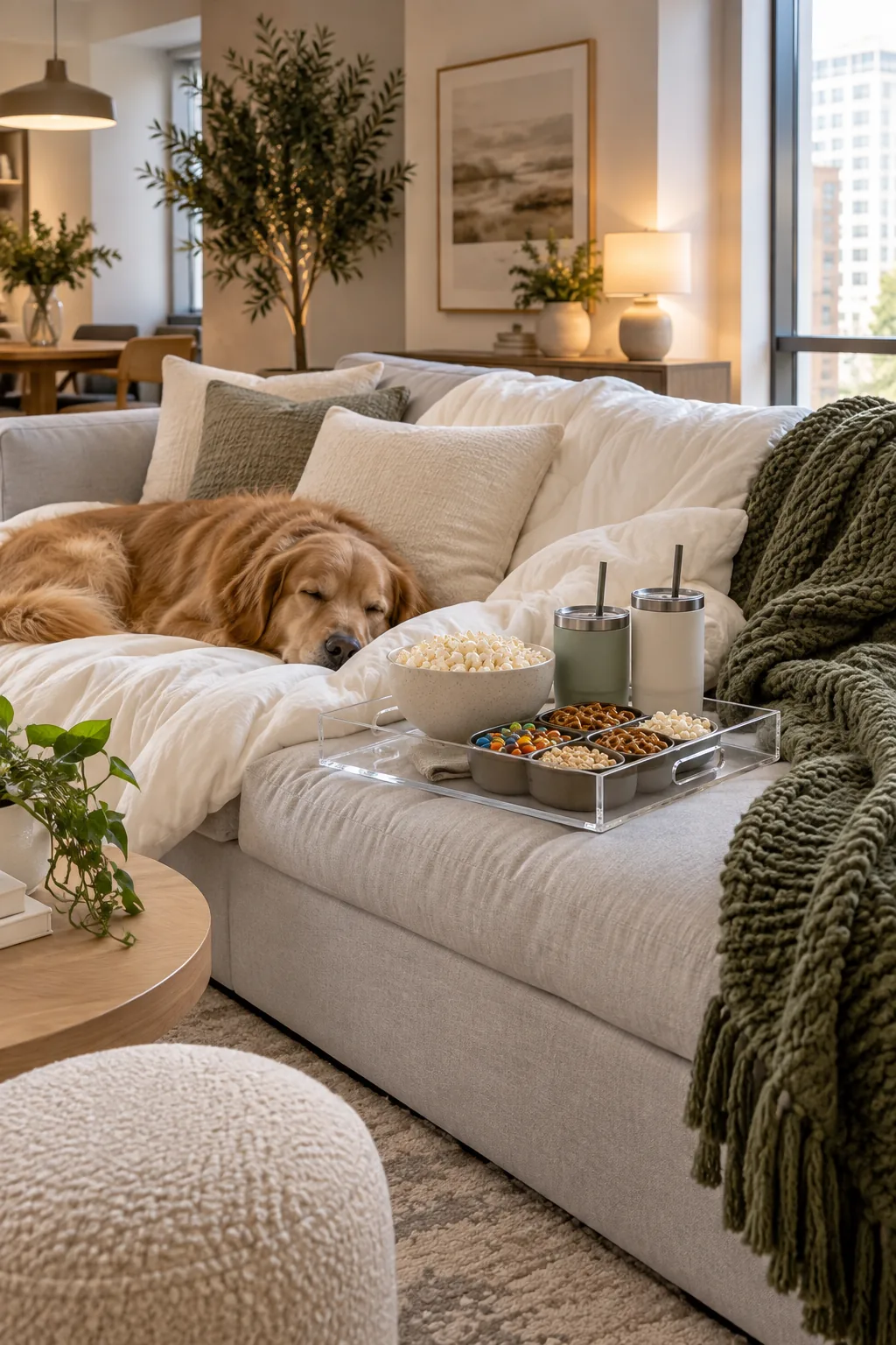 Sleek acrylic tray holding snacks on a light grey modern sofa.