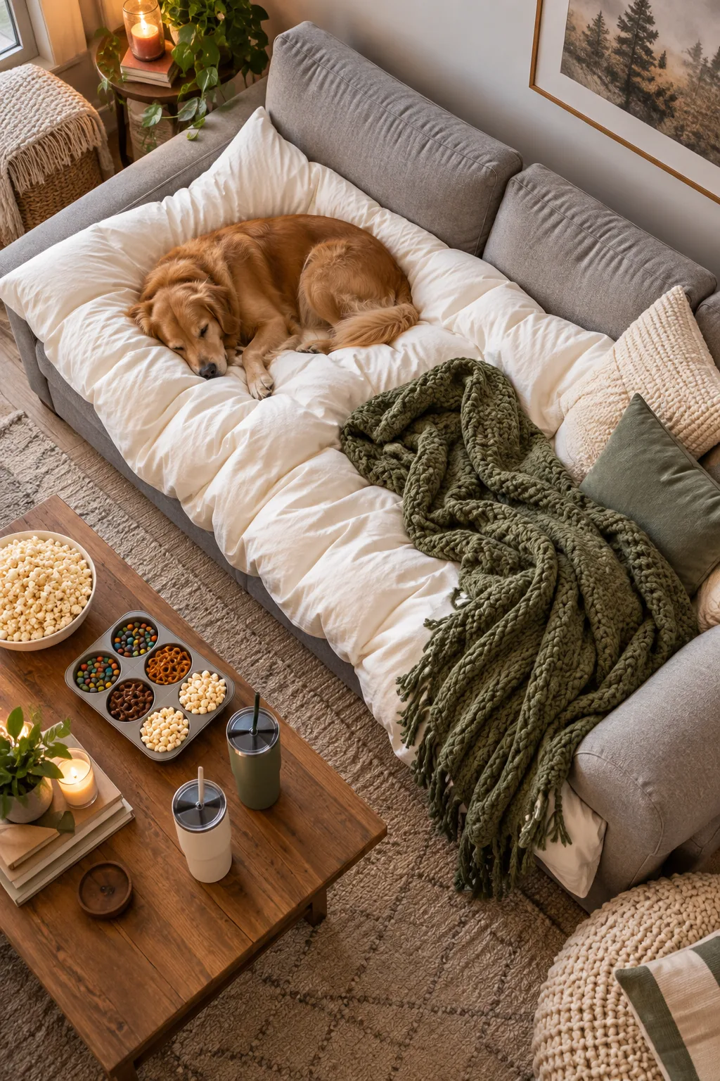 Thick white duvet spread flat across grey sofa seat cushions.