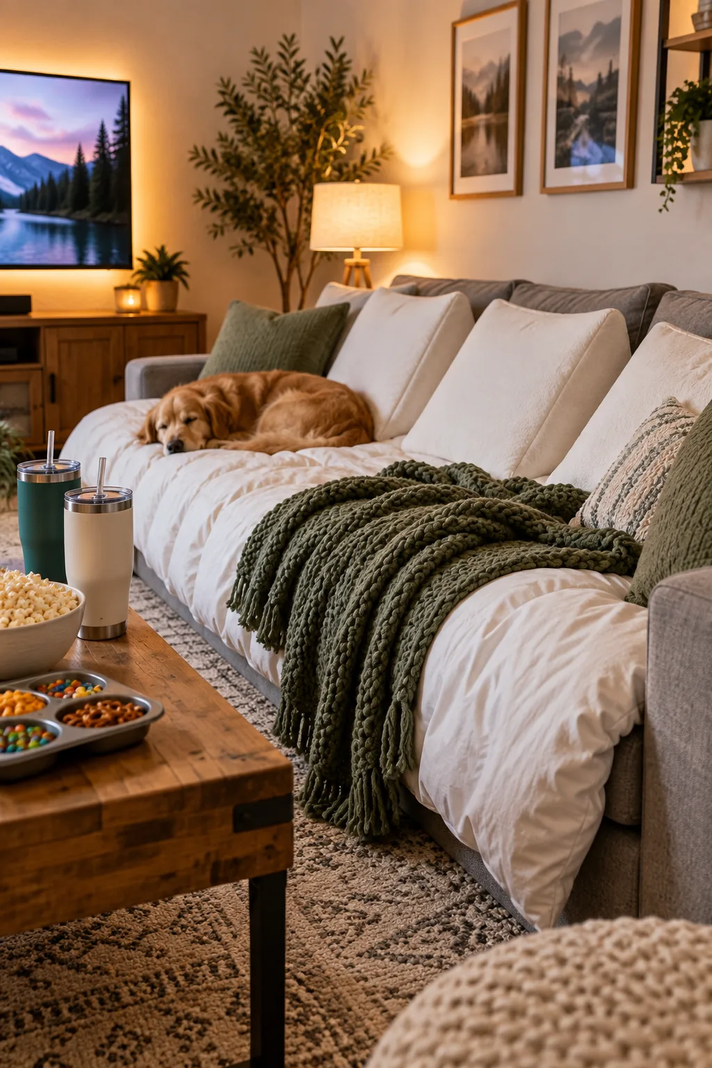 Chunky green knit blanket draped over a white sofa bed.