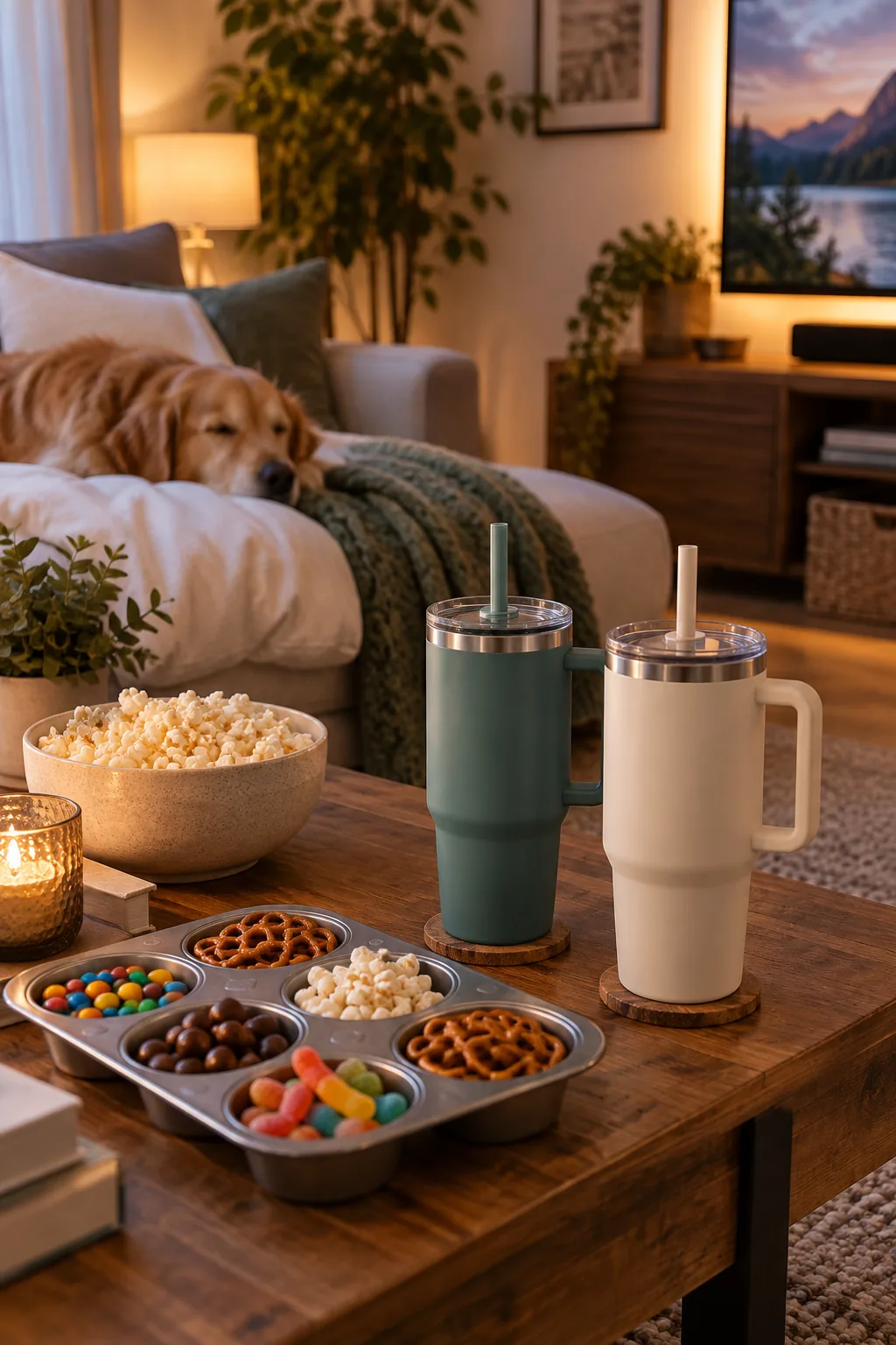 Two insulated lidded cups with straws on a wooden coffee table.