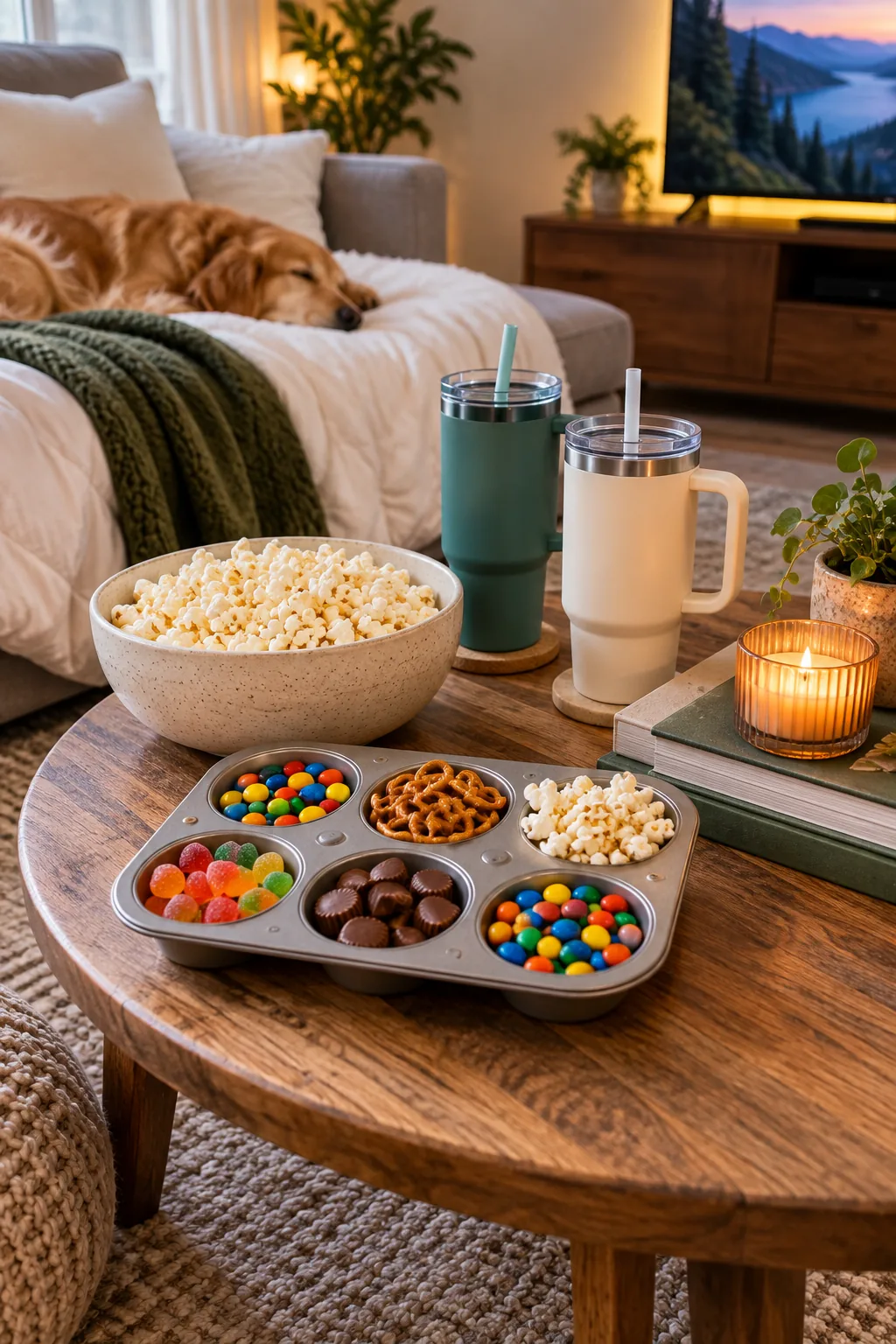 Silver six-cup muffin tin filled with popcorn, pretzels, and colorful candies.