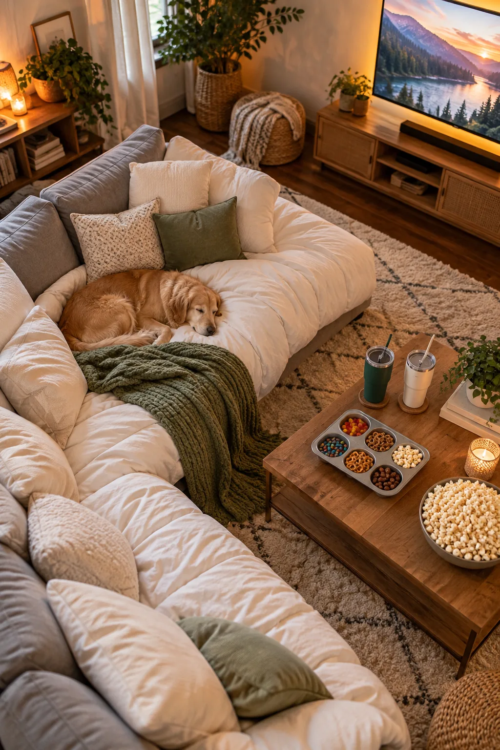 Complete living room setup with a padded sofa and stocked snack table.