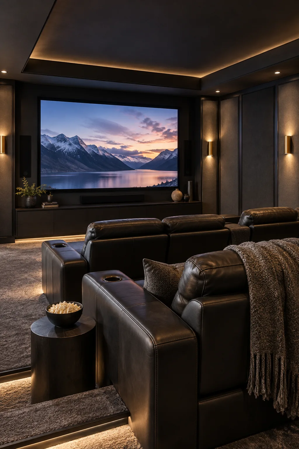 Moody modern home theater with dark slate walls and black leather seating.