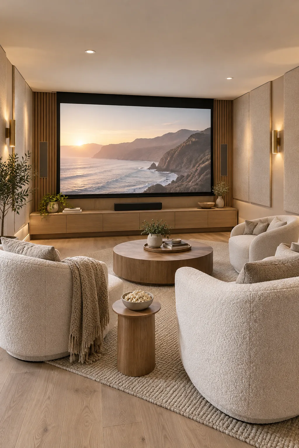 Warm minimalist media room featuring beige acoustic panels and ivory boucle chairs.