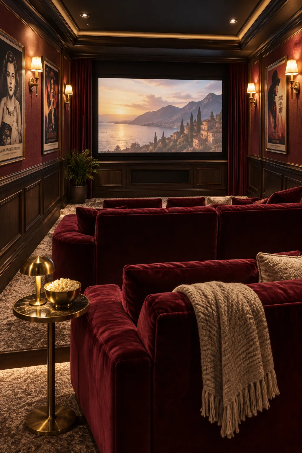 Classic cinema style room with burgundy velvet seating and brass sconces.