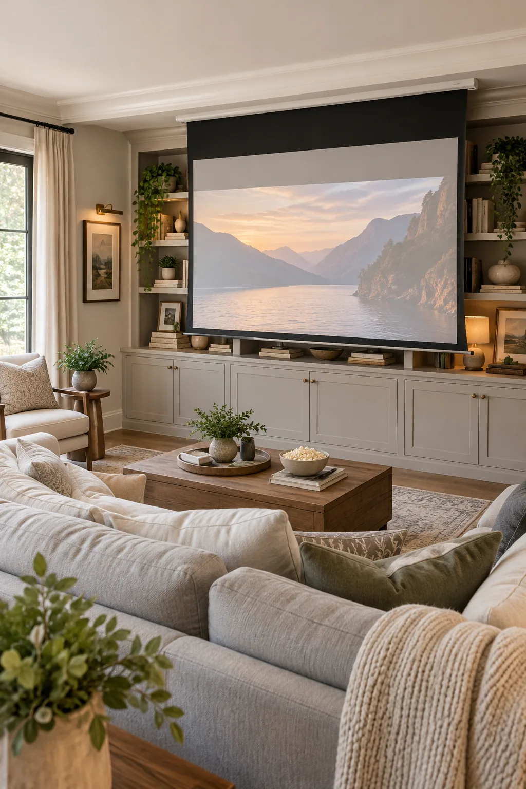 Living room with a motorized drop-down screen descending in front of a bookshelf.