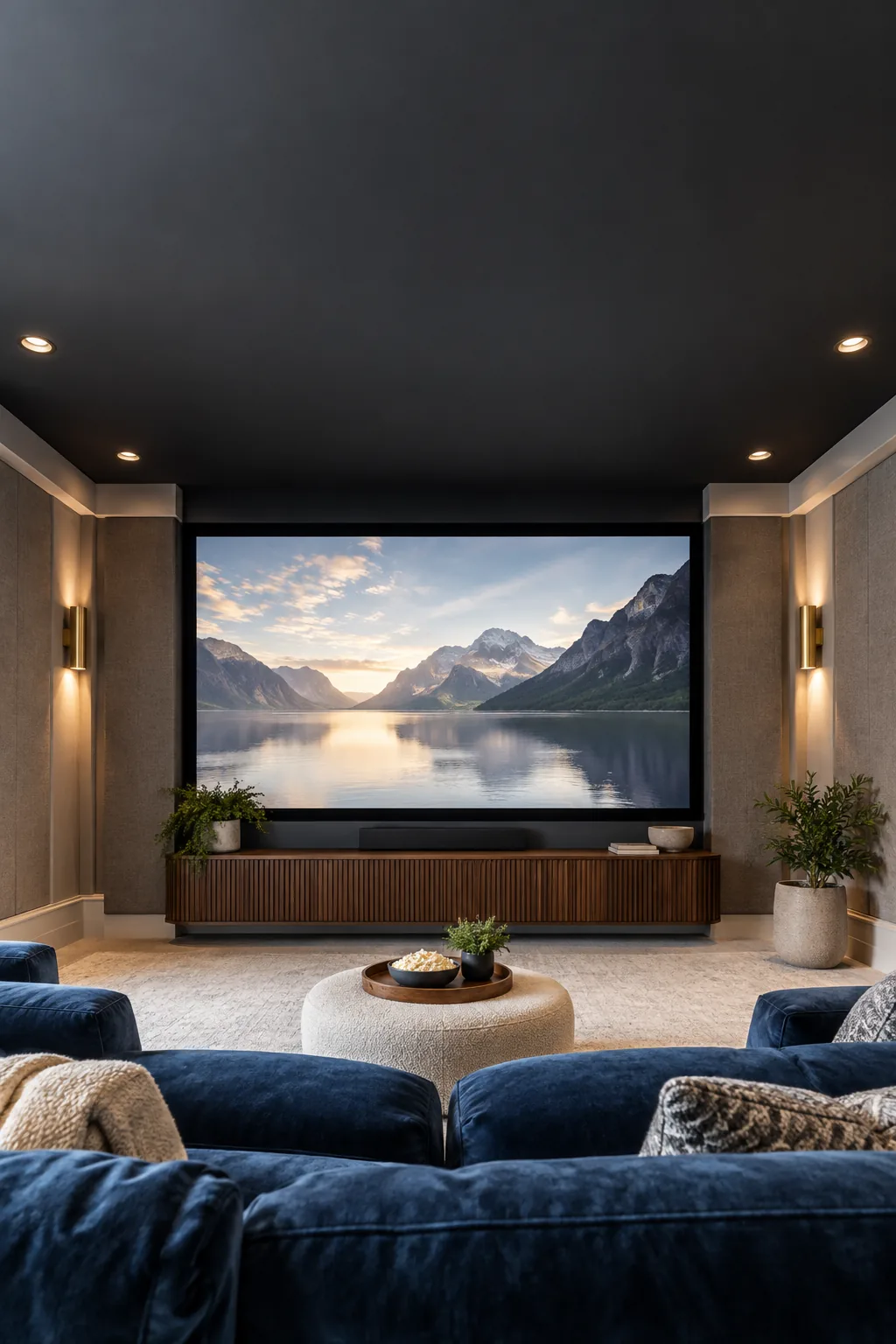 Dark charcoal matte painted ceiling positioned directly above a large flat screen TV in a bright media room.