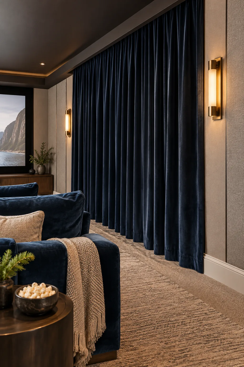 Grey fabric-wrapped acoustic panel on a living room wall next to a modern brass sconce.