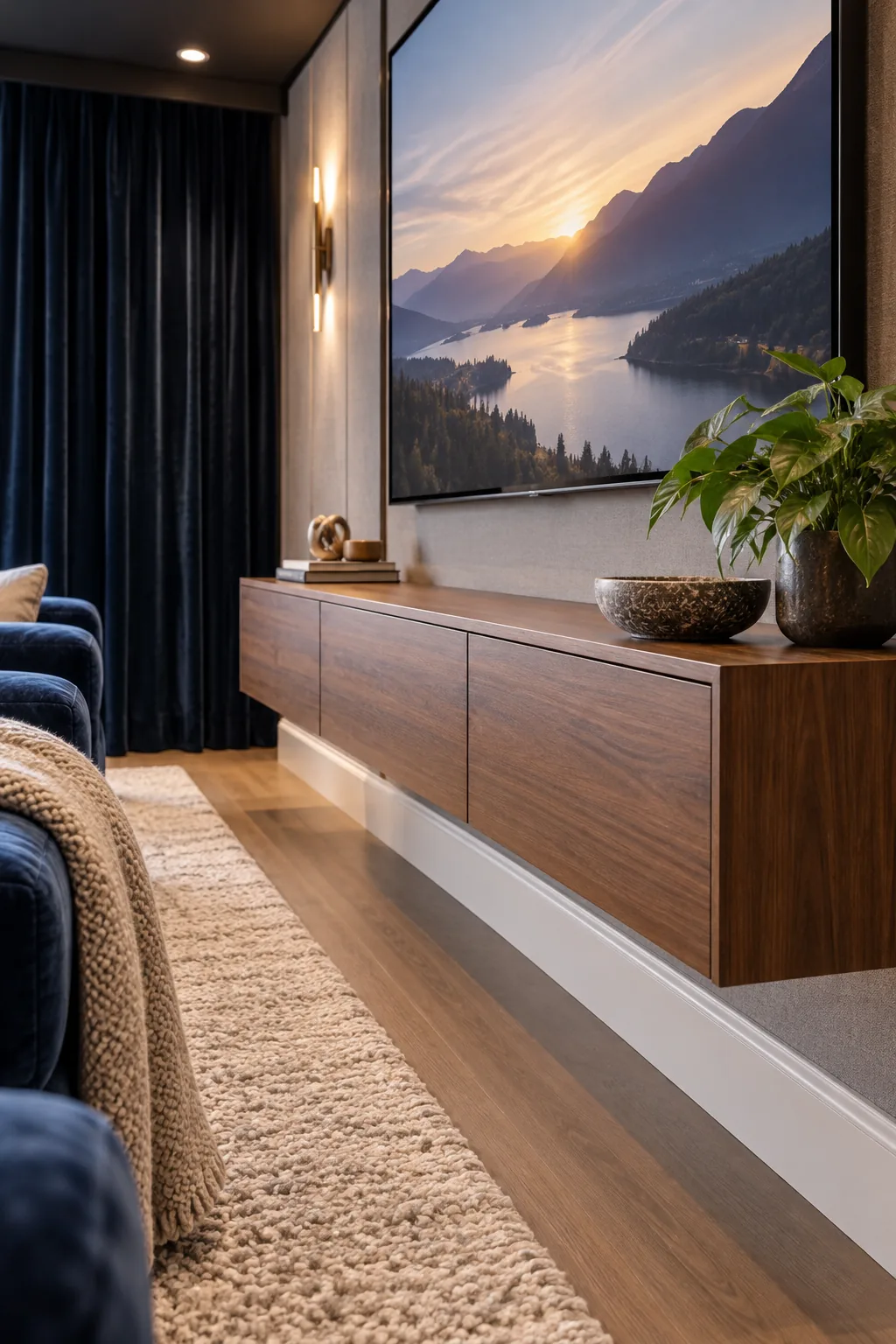 Heavy navy blue velvet blackout curtains pulled tightly closed against a light-colored wall.