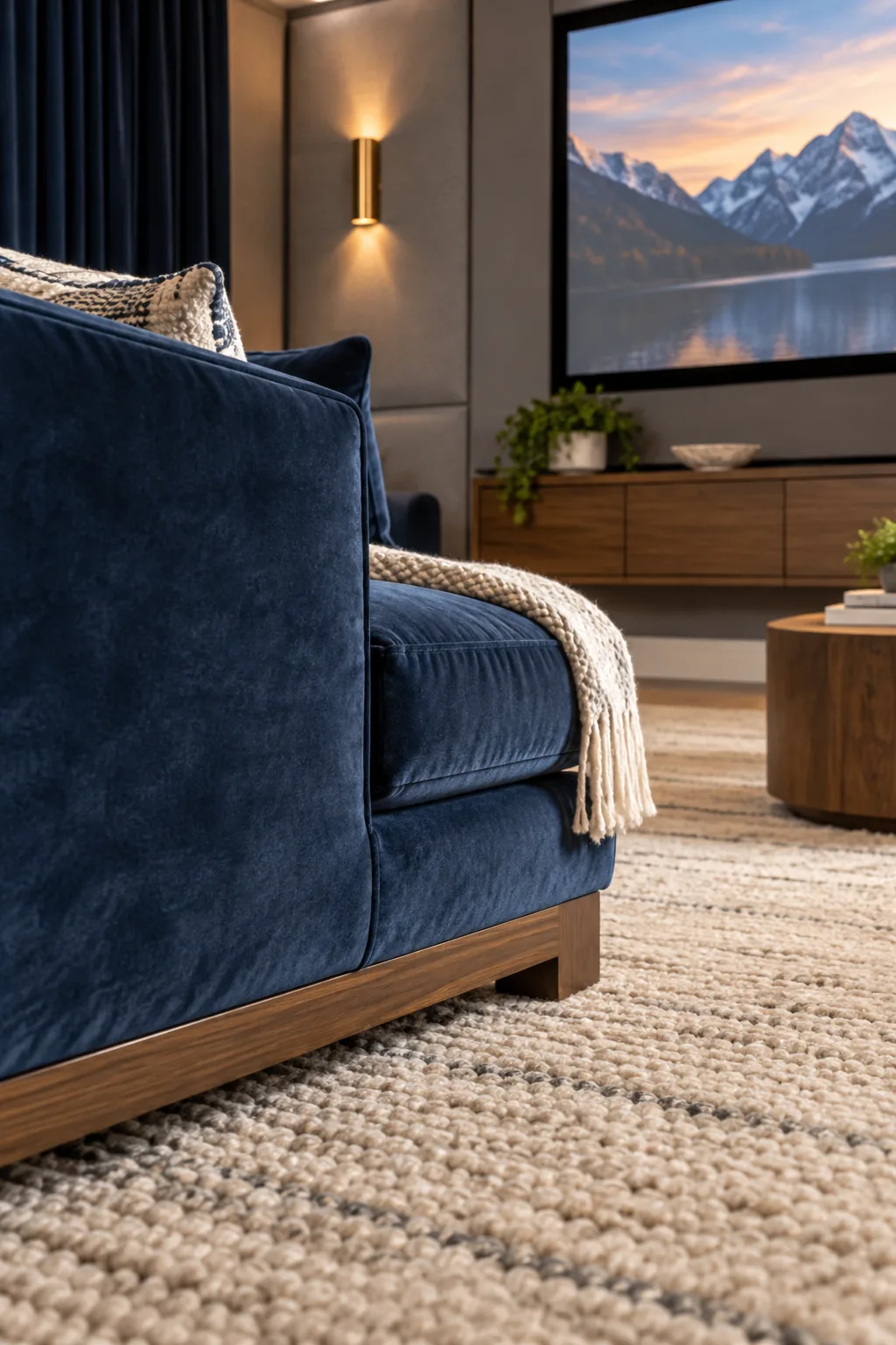 Floating wood media console with a completely clean baseboard underneath, showing no visible wires.