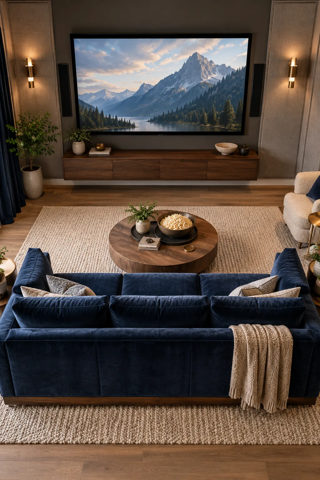 Bottom edge of a navy blue velvet sofa resting on a cream rug, showing a solid wood base frame.