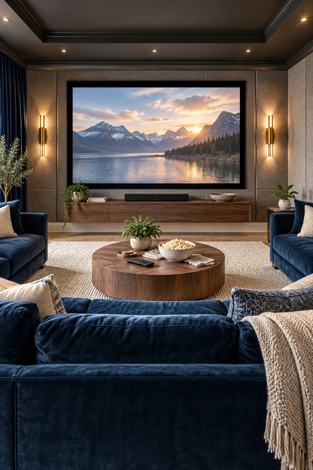 View from behind a blue velvet sofa looking directly at a perfectly centered flat screen TV.