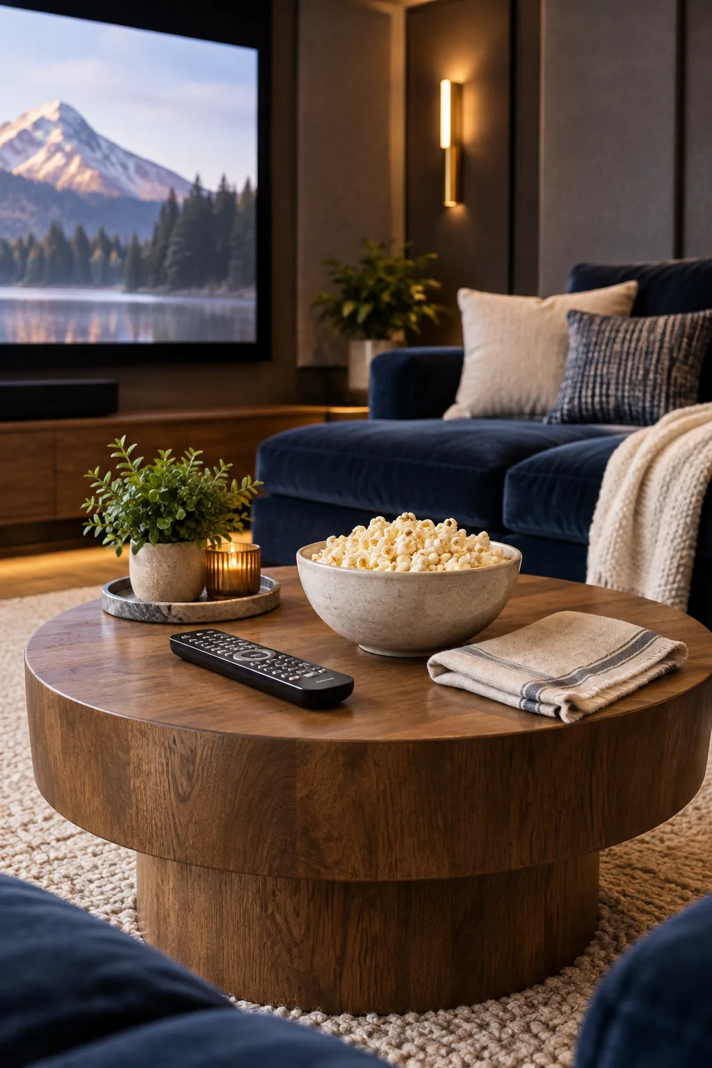 Round wooden coffee table styled with a universal remote and a bowl of popcorn in a media room.