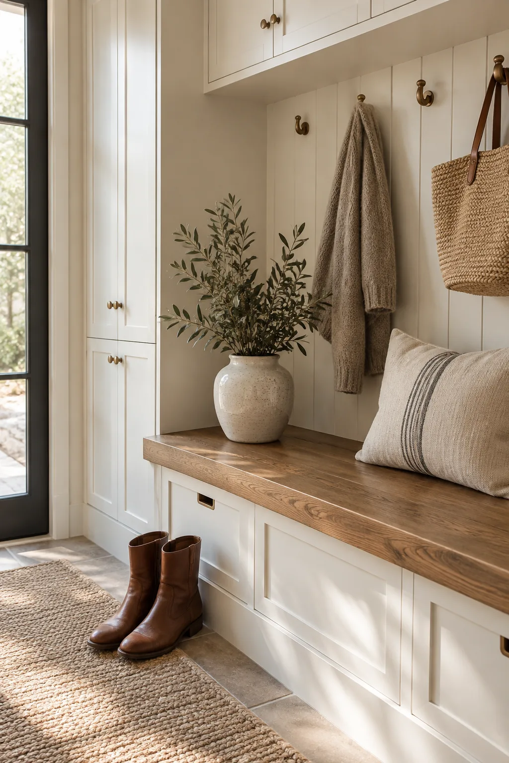 A built-in mud room bench with a stained oak top and white beadboard backing.