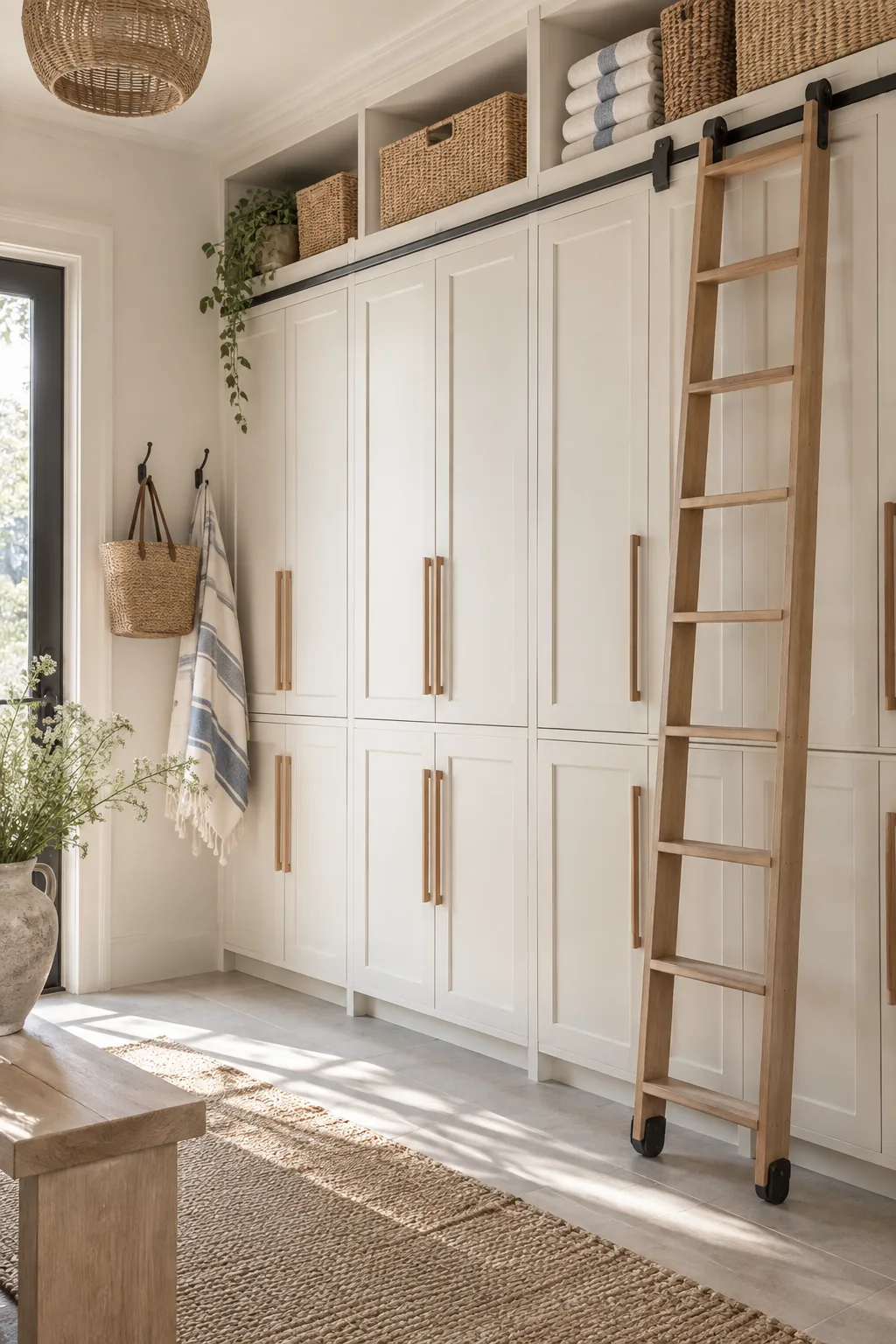Tall mud room cabinets reaching the ceiling with a rolling library ladder.