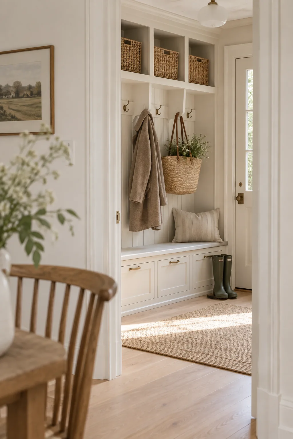 Mud room built-ins painted in a semi-gloss finish to match the home's baseboards.