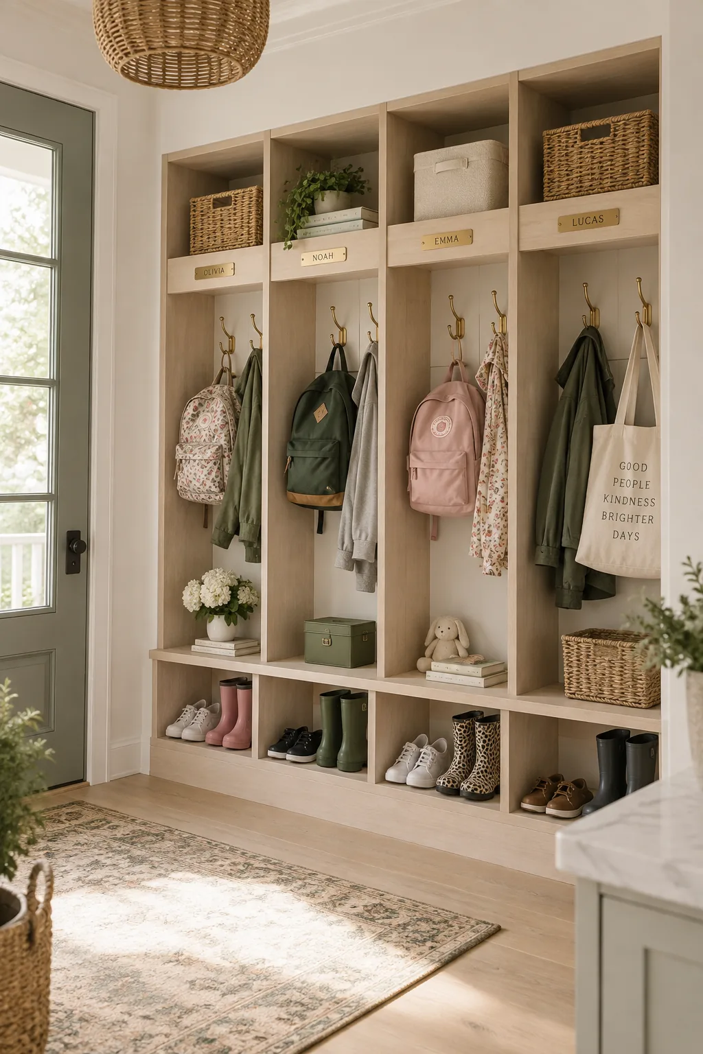 Individual mud room lockers with double hooks and small brass nameplates above each section.