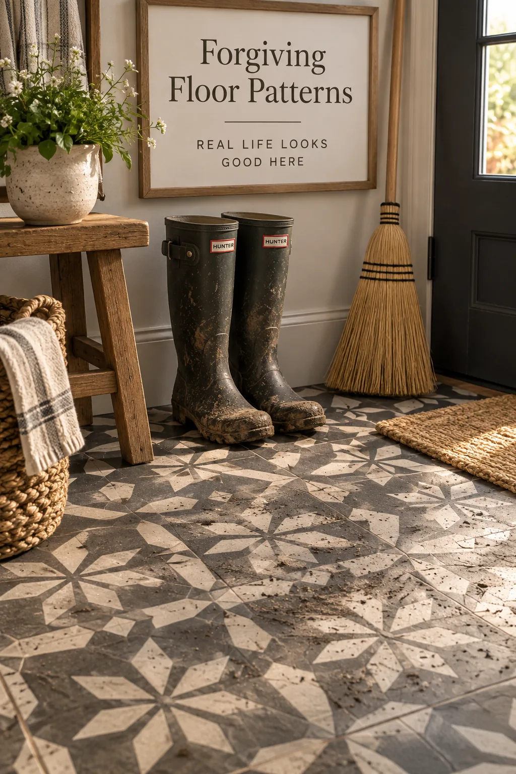 Patterned porcelain tile floor in a mud room with dark gray grout.