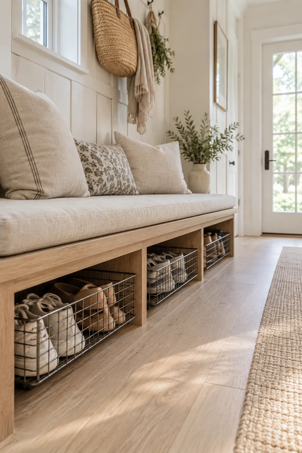 Wire slide-out shoe baskets tucked neatly under a floating mud room bench.