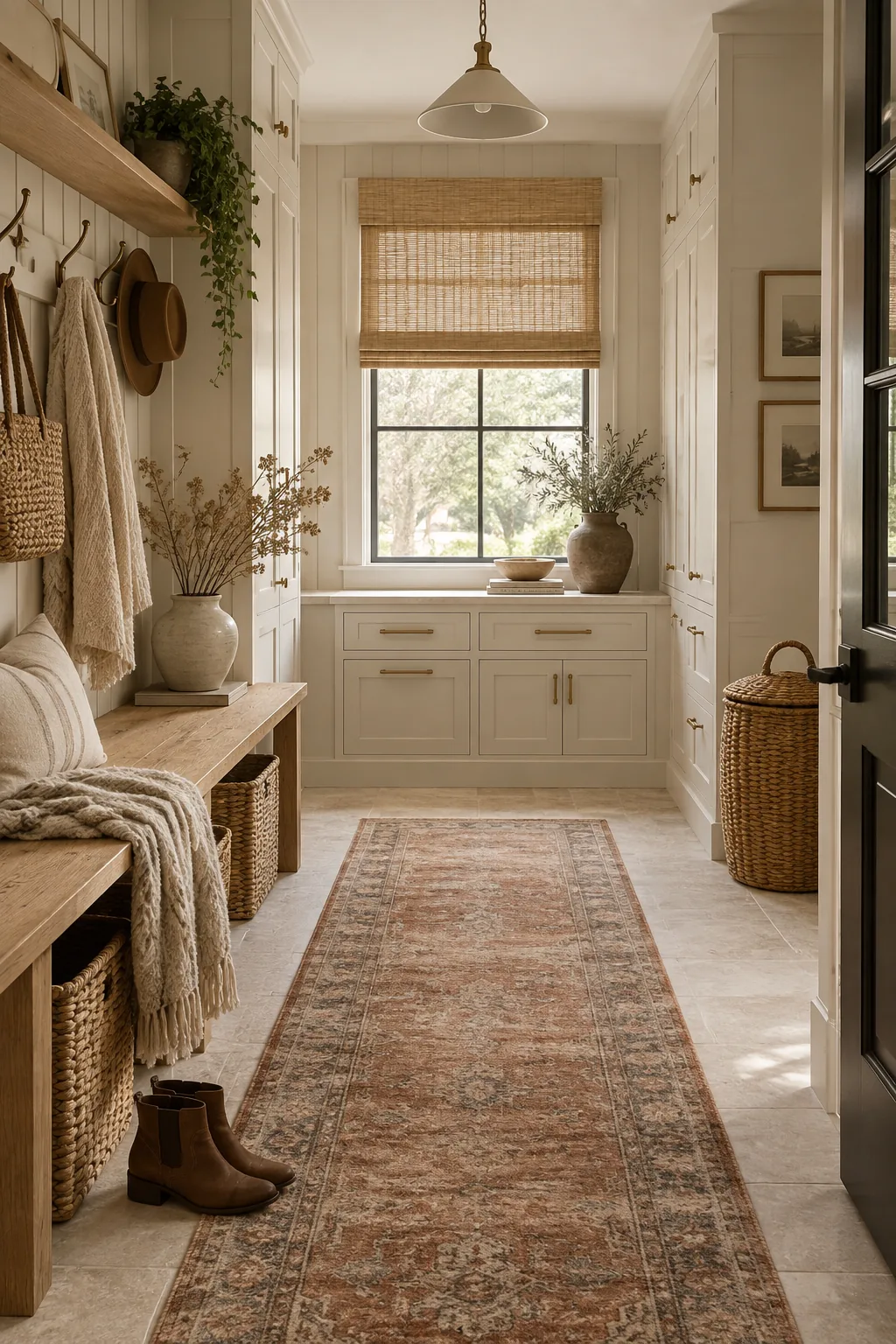A mud room featuring a woven roman shade on the window and a vintage runner rug.