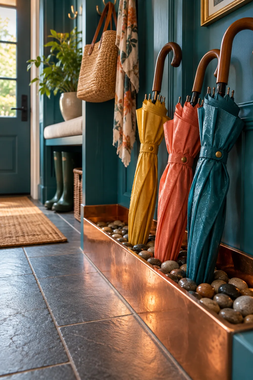 A copper drip tray filled with smooth river rocks holding wet umbrellas.