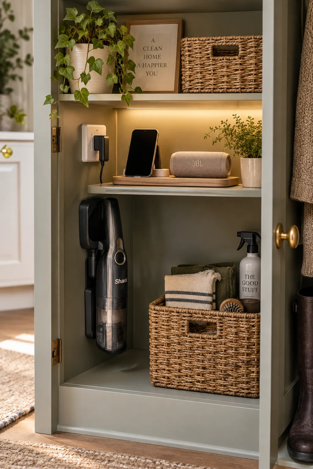 An open mud room cabinet revealing a charging station and a handheld vacuum.