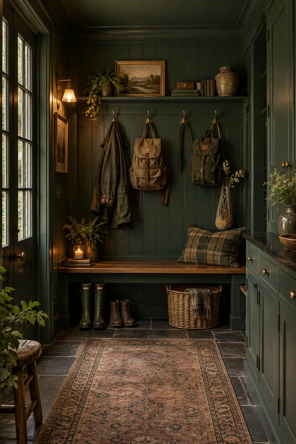 A mud room completely painted in a rich, dark green color including the trim and ceiling.