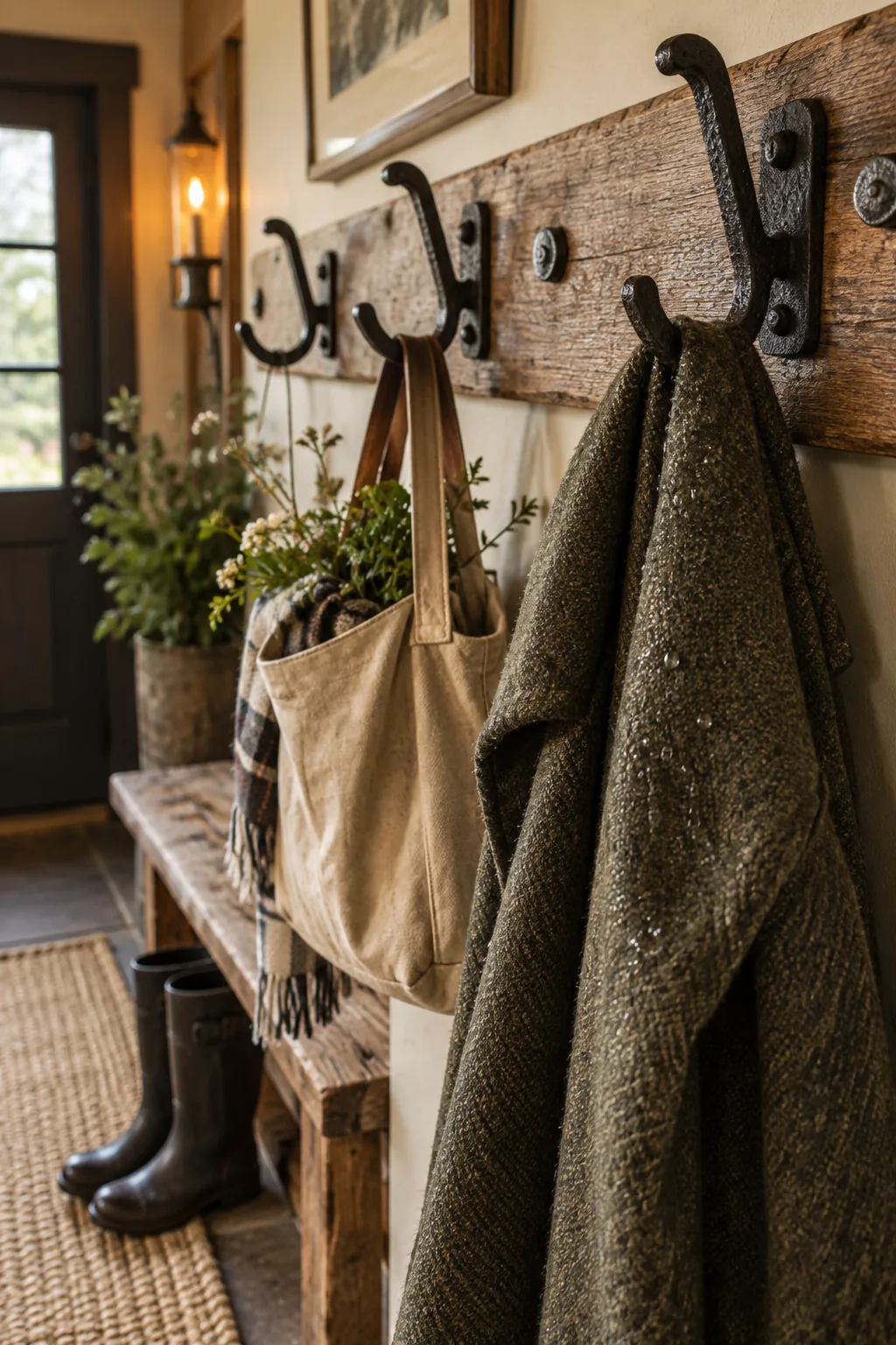 Heavy-duty iron hooks mounted on a wooden mud room wall holding heavy winter coats.