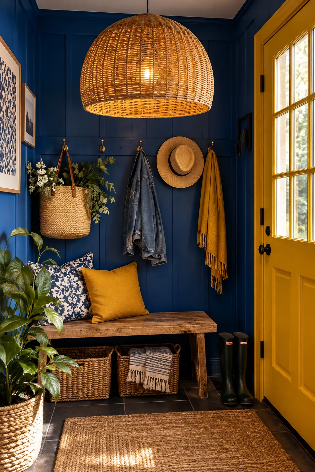An oversized woven rattan pendant light hanging from the ceiling in a small mud room.