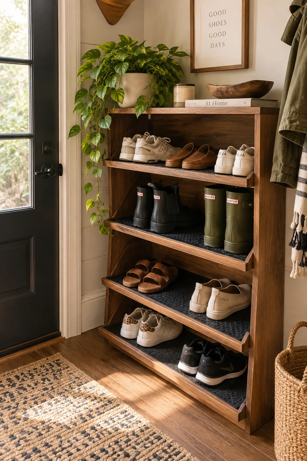 Angled wooden shoe shelves in a mud room lined with textured rubber mats.